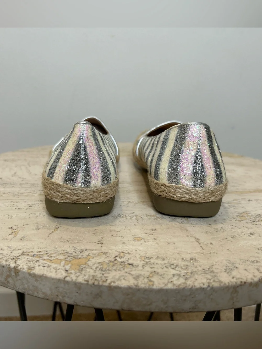 Joan Boyce Glitter Striped Espadrille Flats in Silver and Beige Size 8.5W